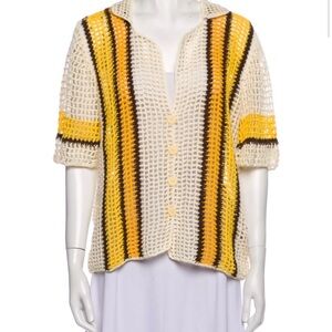 Open-Knit Button Front Cardigan in Cream and Yellow